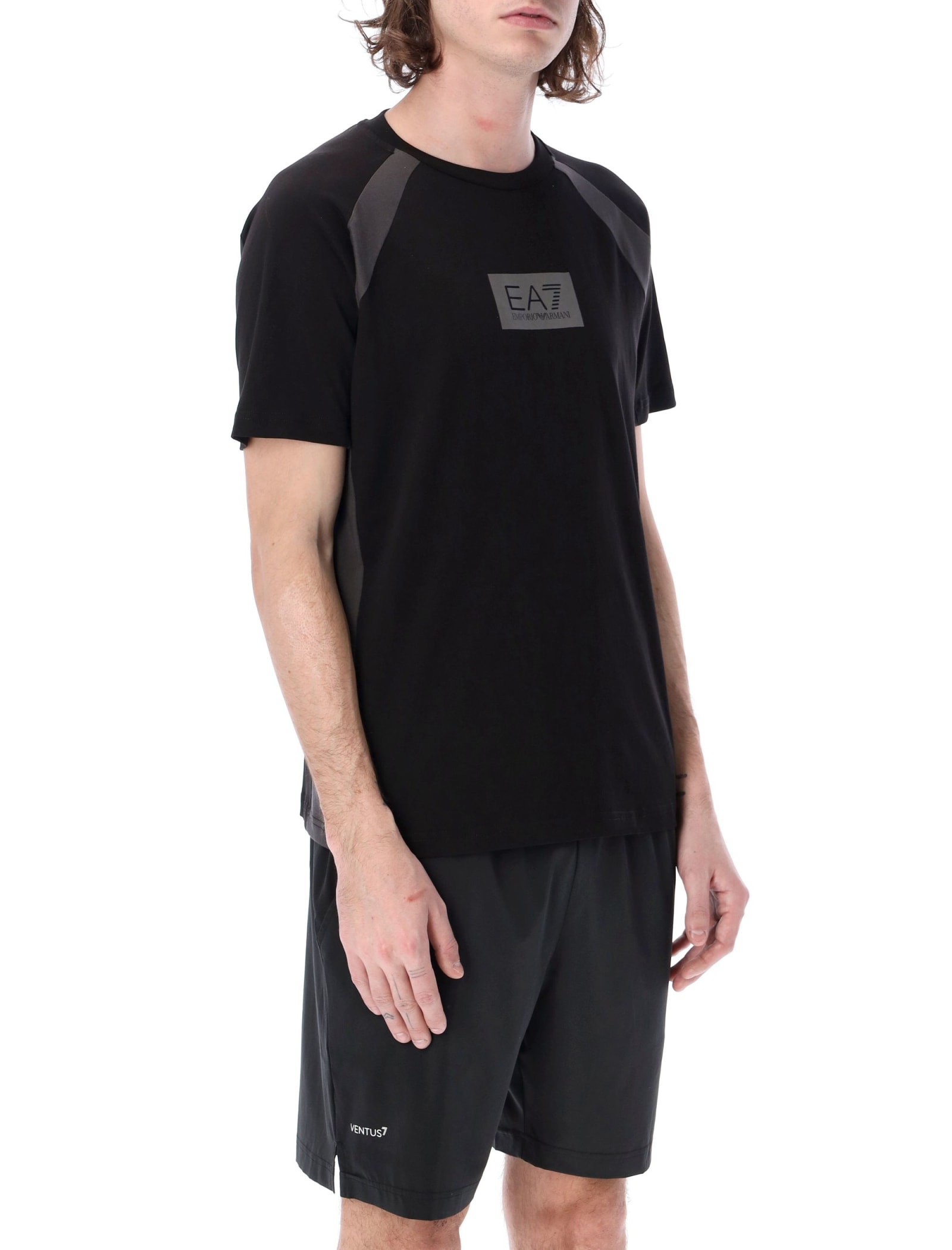 Shop Ea7 Tonal Block Cotton-jersey T-shirt In Black