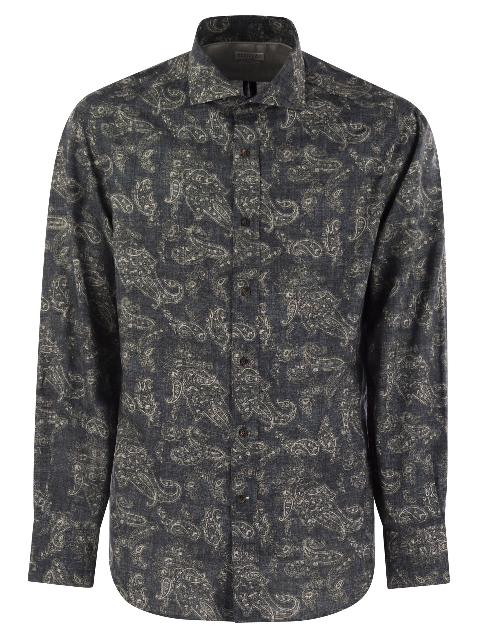 Shop Brunello Cucinelli Slim Fit Cotton Paisley Canvas Shirt In Blue