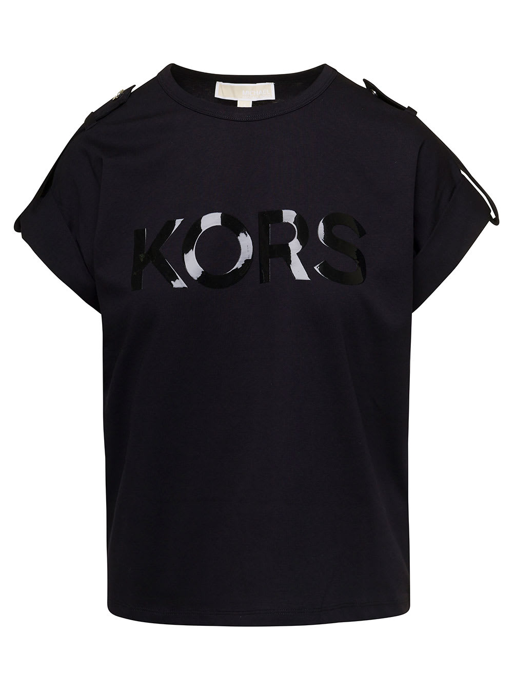 MICHAEL MICHAEL KORS BLACK CREWNECK T-SHIRT WITH EPAULETTES AND BI-COLOUR LOGO PRINT IN COTTON WOMAN