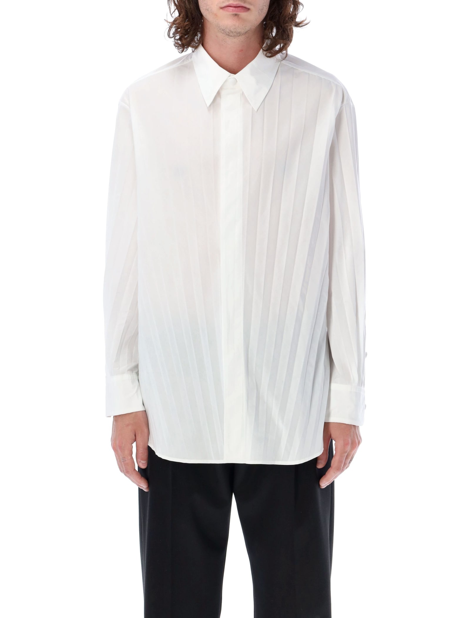 Shop Valentino Pleated Cotton-blend Shirt In White
