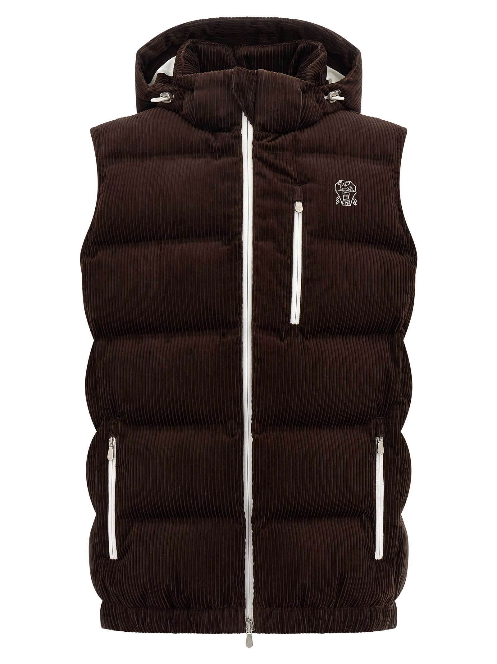 Brunello Cucinelli Velvet Padded Hooded Sleeveless Gilet In Brown