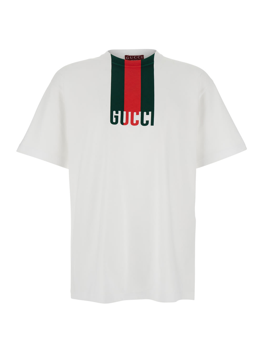 Gucci Men White Crewneck T-shirt Wth Maxi Web Print With Logo Lettering On The Front In Cotton Man In White