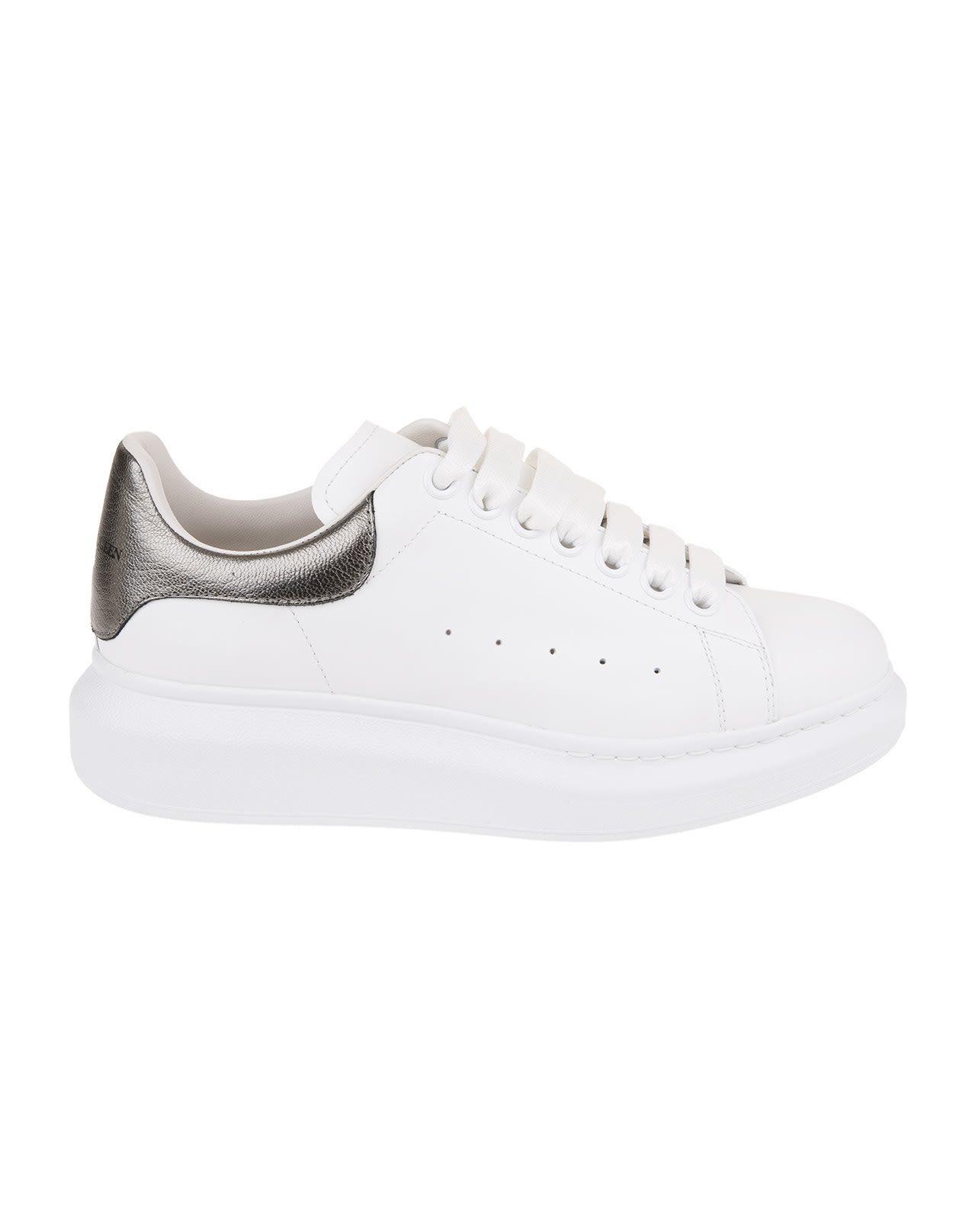 Buy Alexander McQueen Woman White And Metallic Grey Oversize Sneakers online, shop Alexander McQueen shoes with free shipping