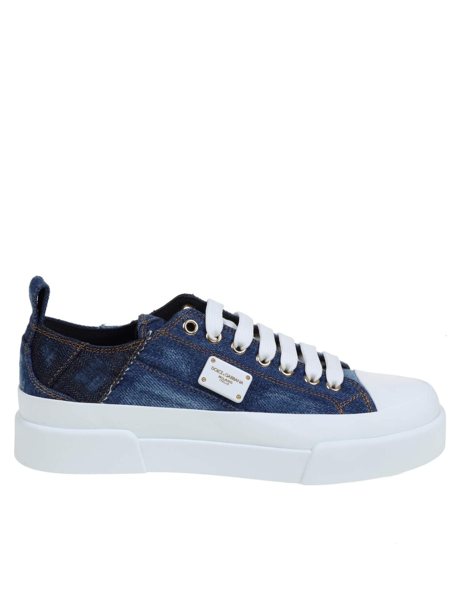 Dolce & Gabbana Portofino Light Sneakers In Patchwork Denim And Leather