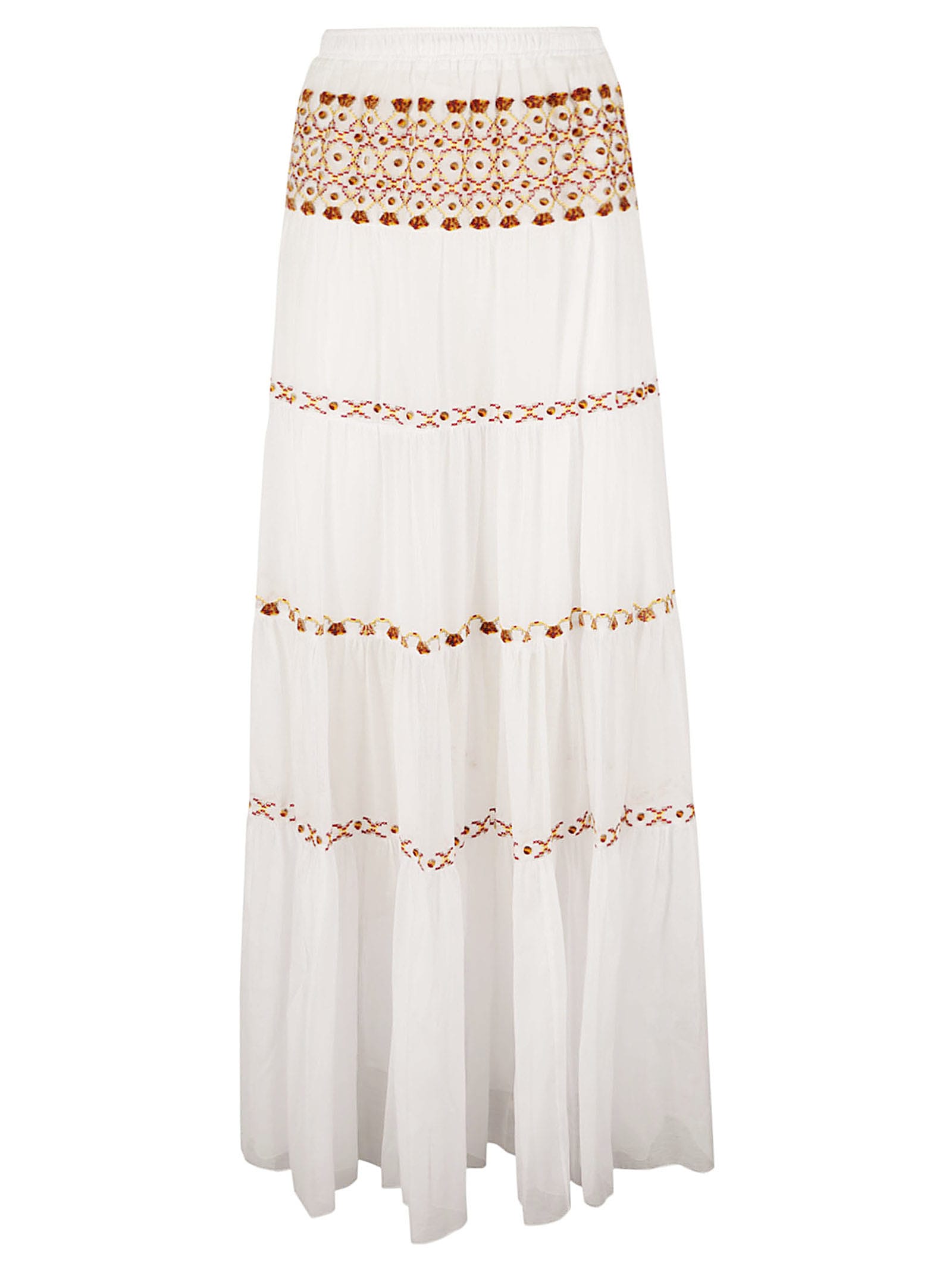 Shop Ermanno Scervino Elastic Waist Layered Embroidered Flare Skirt In White