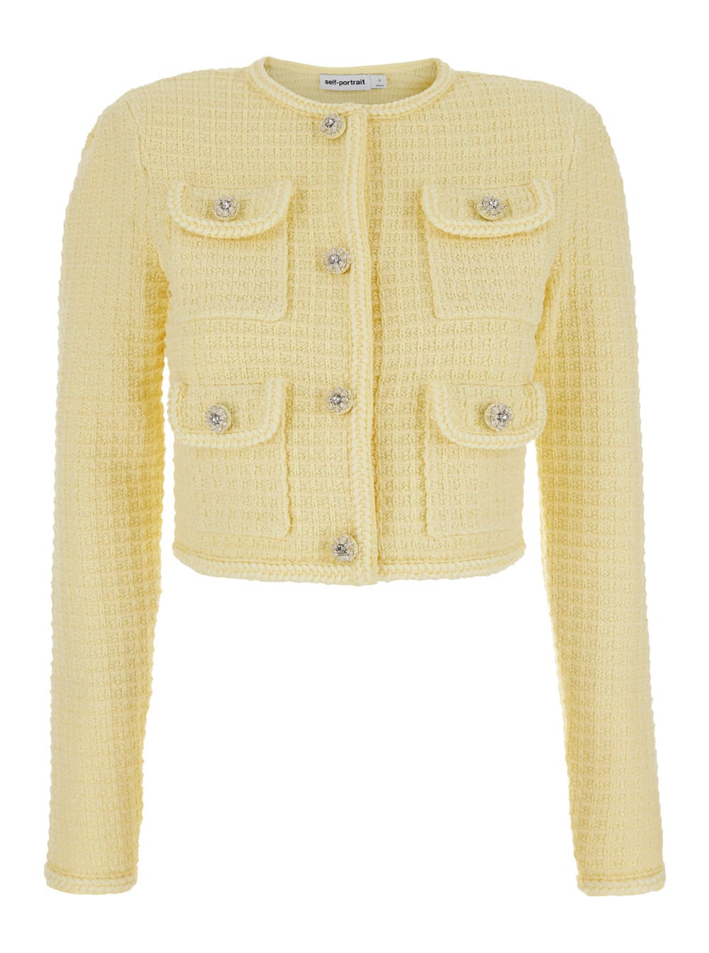Yellow Crop Cardigan With Jewel Buttons In Tweed Woman