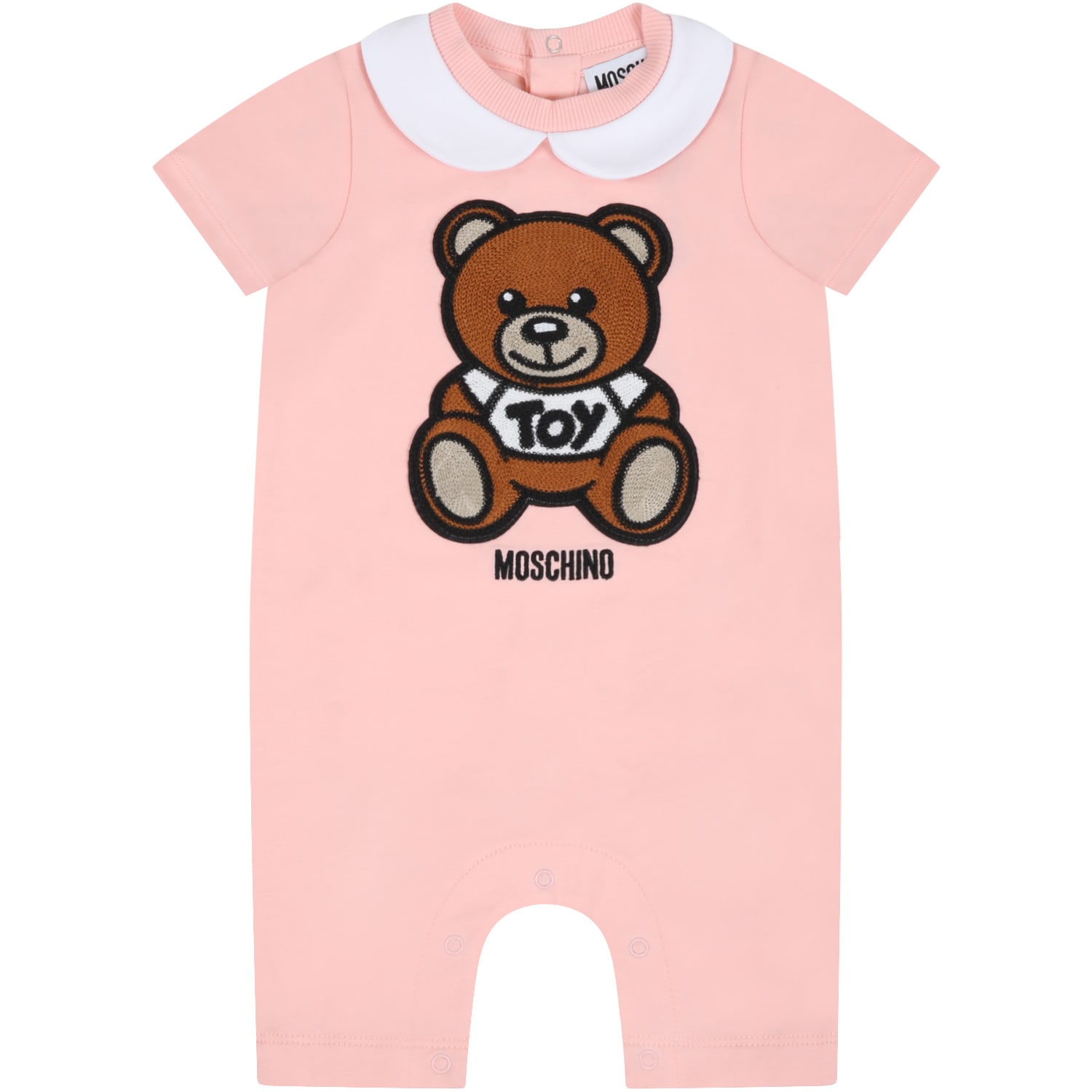 Moschino Pink Romper For Babykids Witth Teddy Bear In Sugar Rose