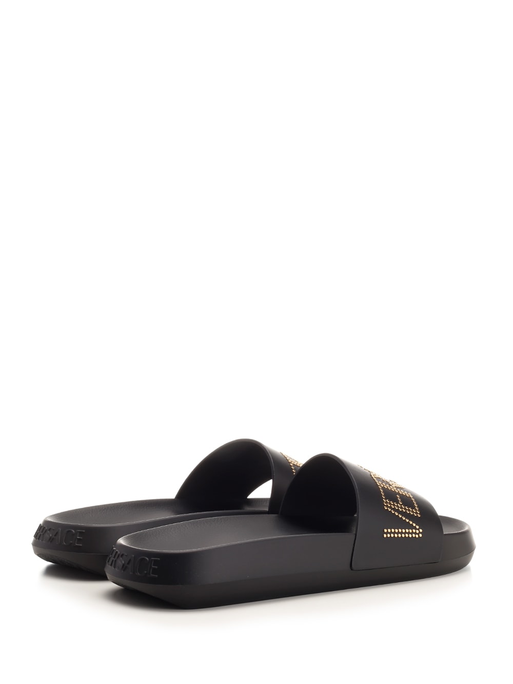 Shop Versace Slides With Rhinestone Logo In Nero-oro