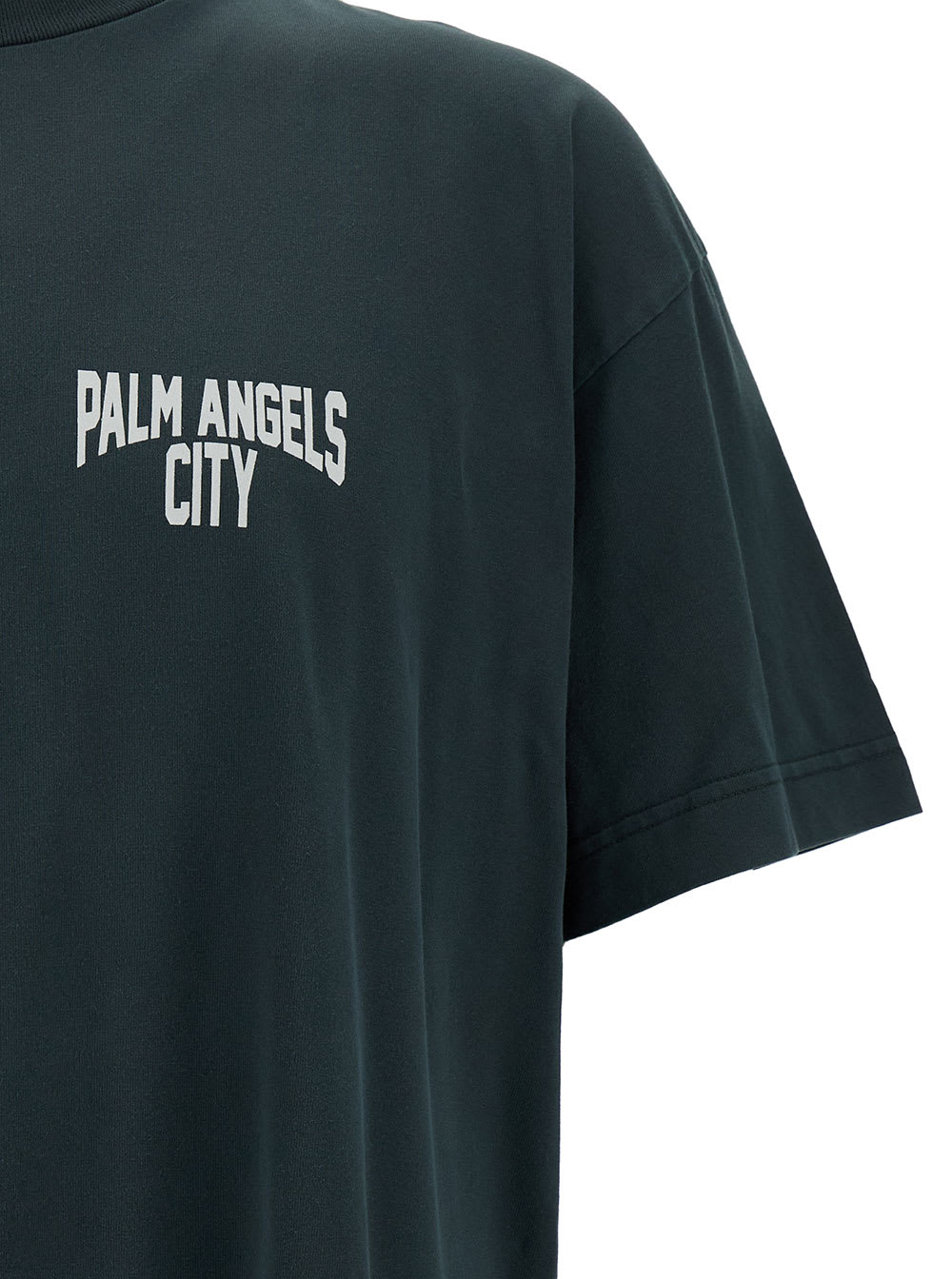 Shop Palm Angels Grey Crewneck T-shirt With  City Print In Cotton Man
