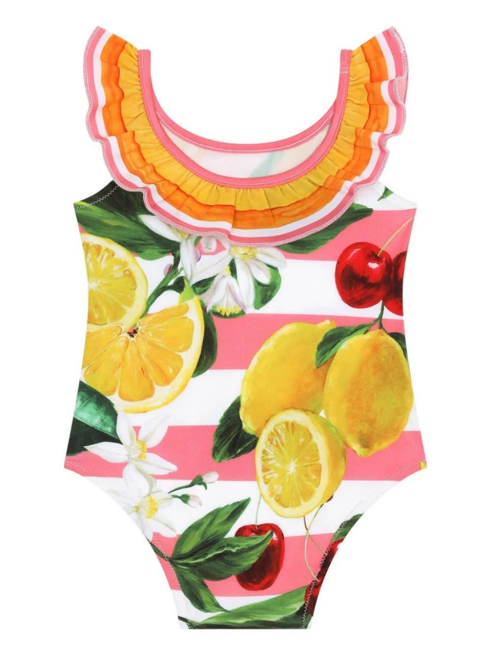Shop Dolce & Gabbana Stretch Fabric One-piece Swimwear With Lemon And Cherry Print In Multicolour