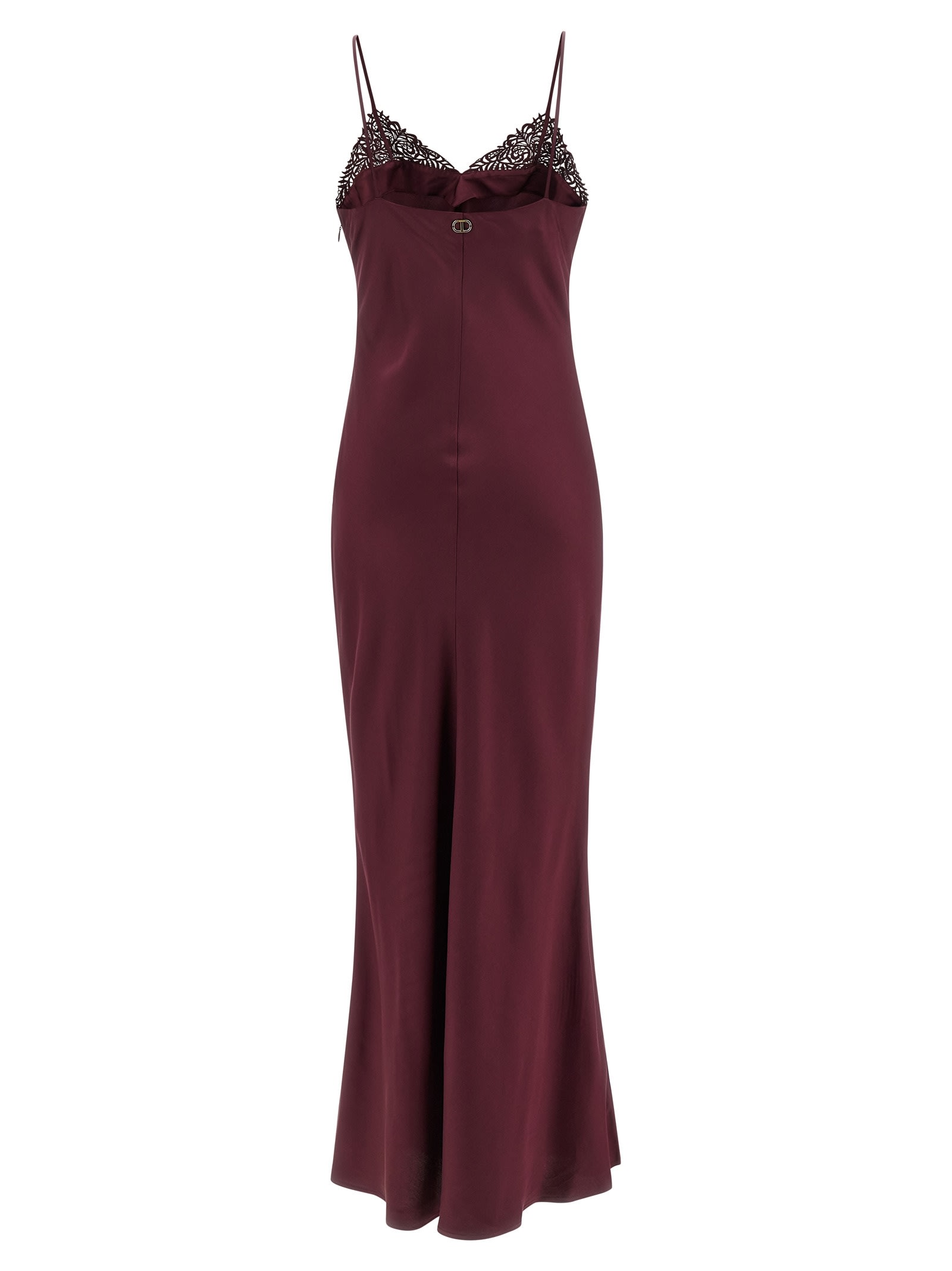 Twinset Satin Slip Dress With Lace Neckline In Burgundy