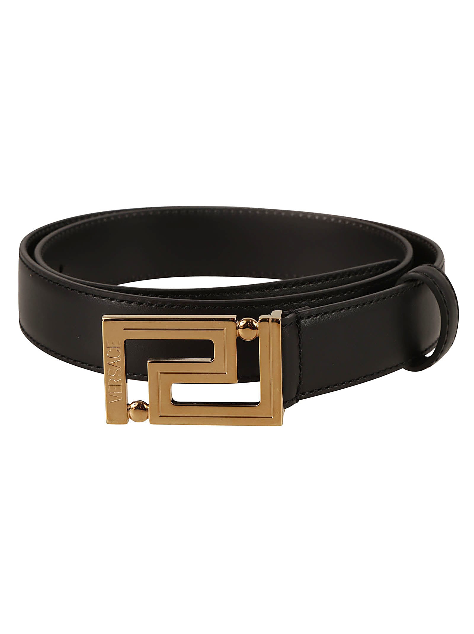 Shop Versace Logo Buckle Belt In Black/ Gold