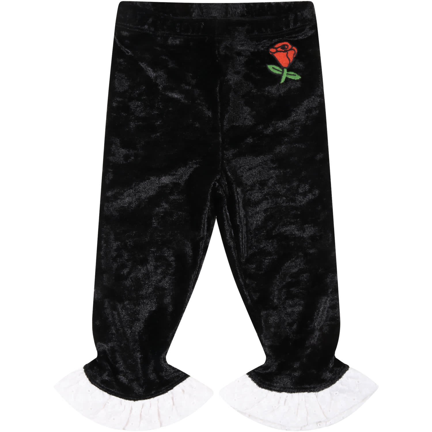 Mini Rodini Black Trousers For Baby Girl With Red Rose