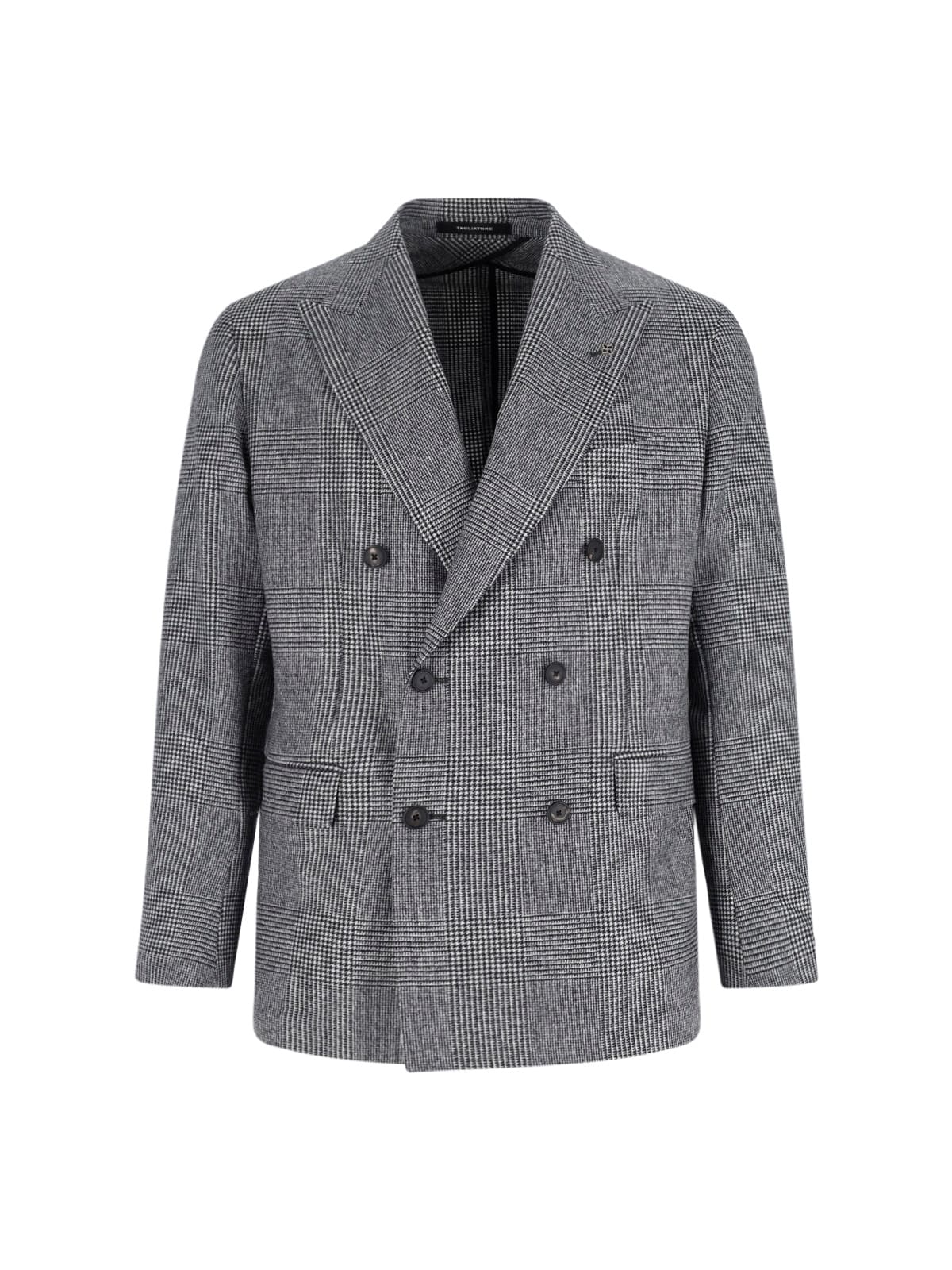 Tagliatore Double-breasted Houndstooth Suit With Signature Silver Details In Gray