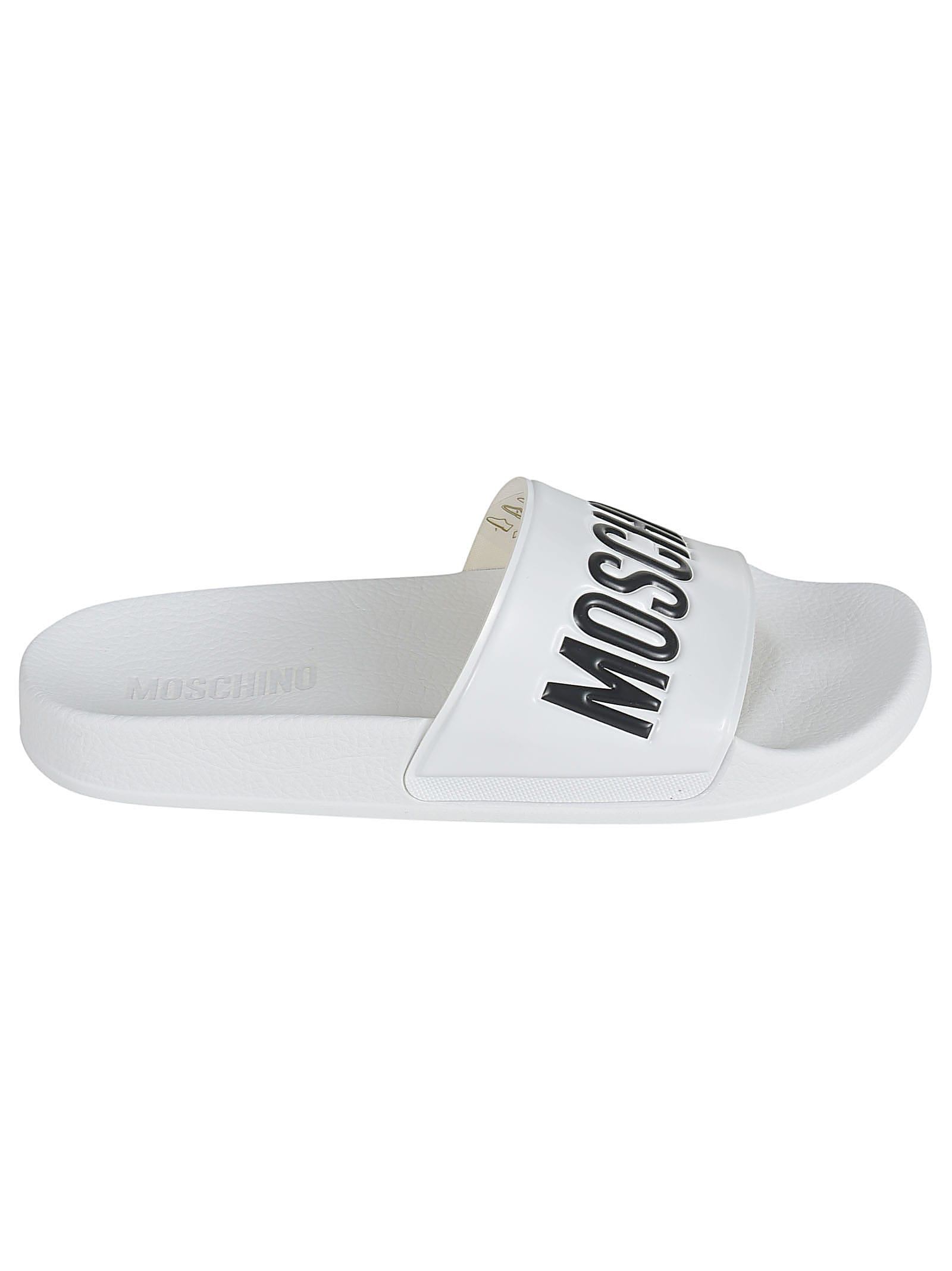 Buy Moschino Embossed Logo Sliders online, shop Moschino shoes with free shipping