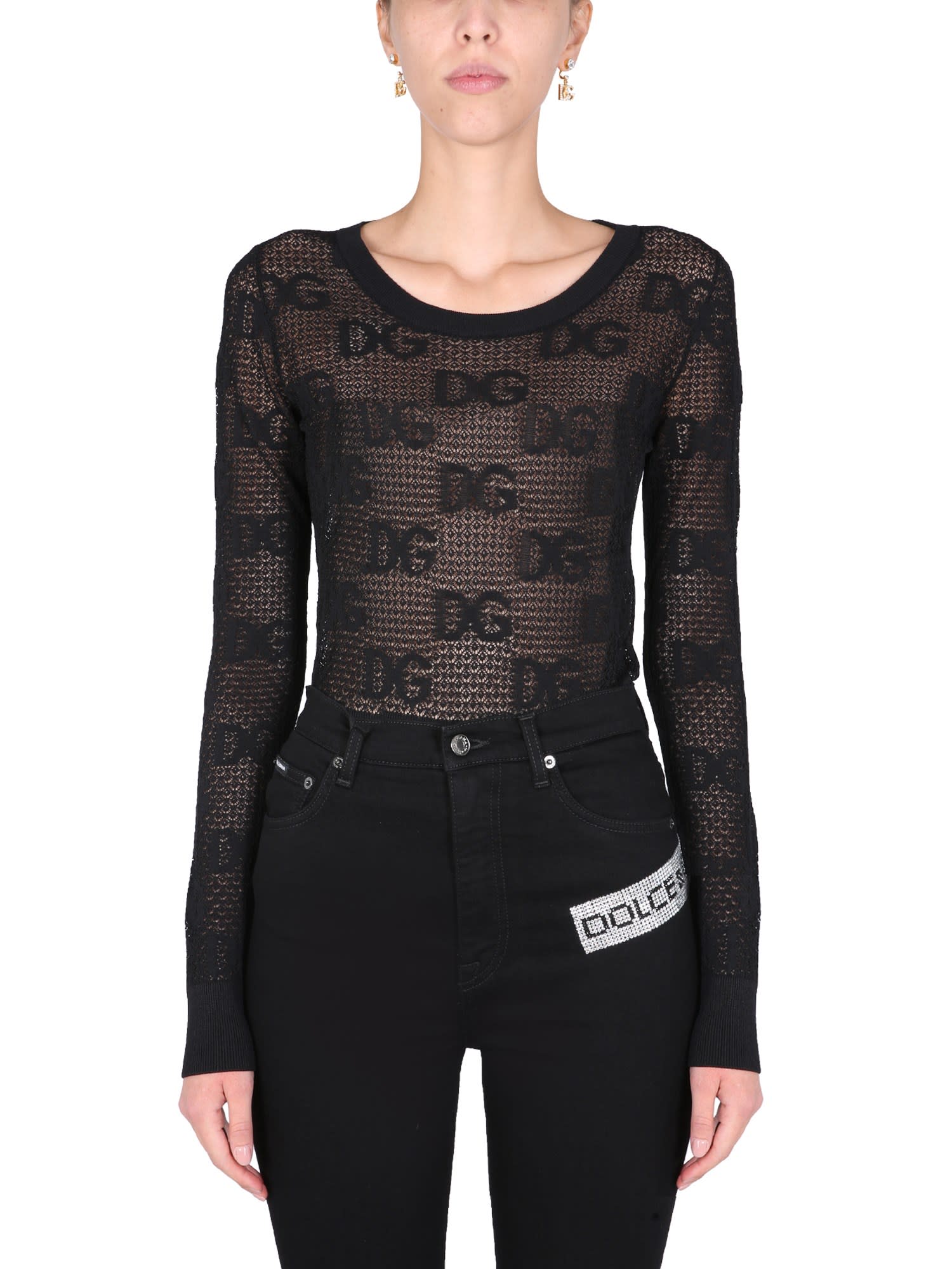 Dolce & Gabbana Long-sleeved Lace-stitch Sweater With Dg Logo In Nero