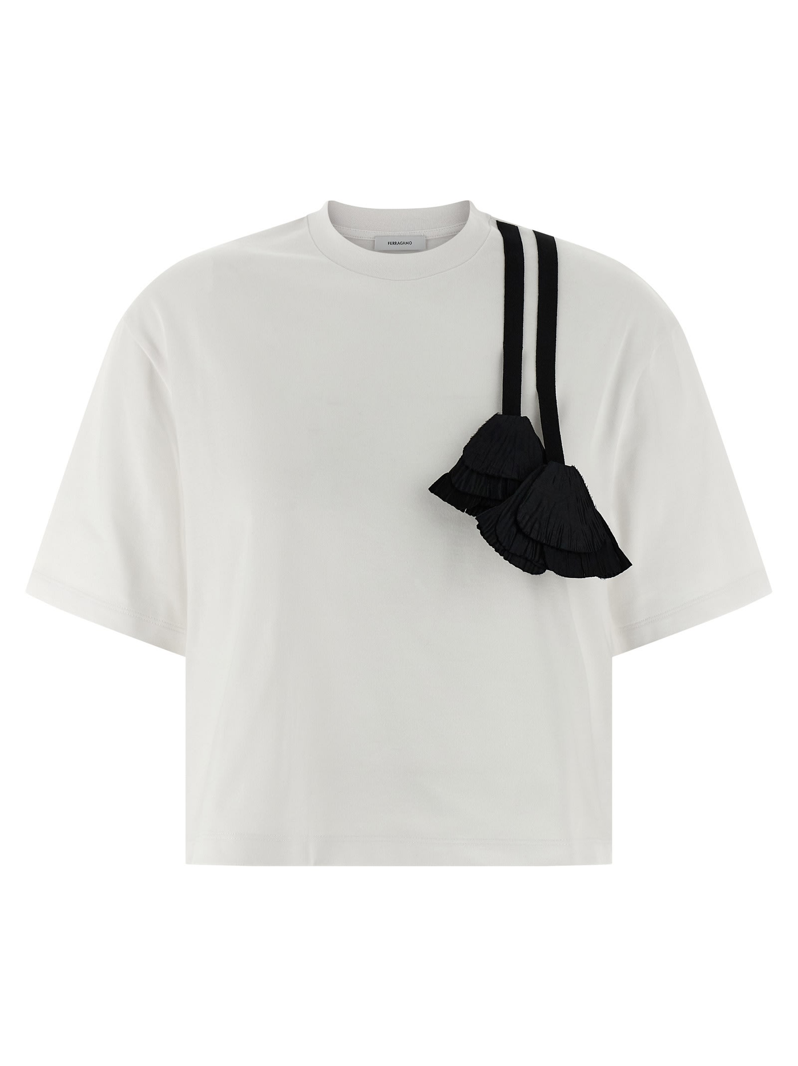 Ferragamo T-shirt With Floral Detail And Tassels In Black