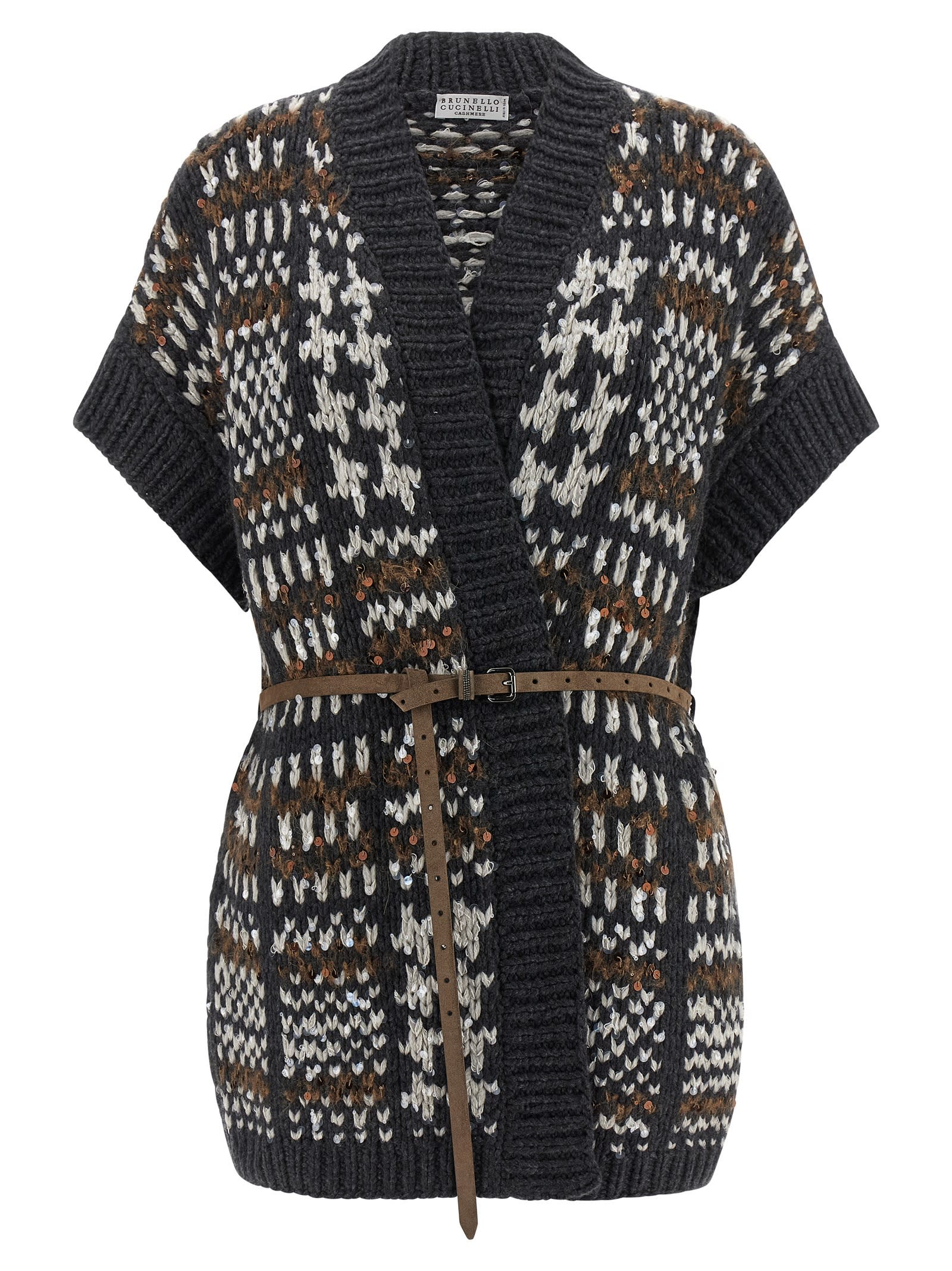 Brunello Cucinelli Houndstooth-pattern Short-sleeve Cardigan In Gray