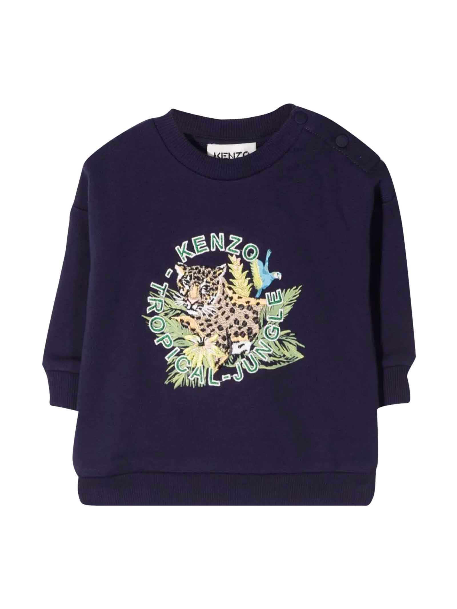 Kenzo Kids Newborn Blue Sweatshirt With Front Logo Embroidery, Round Neck, Long Sleeves, Buttoning On The Shoulder, Straight Hem By