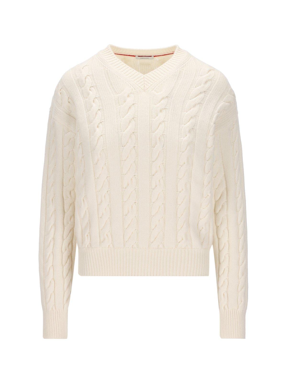 Shop Ferragamo Cable Knitted V-neck Sweater In Optic White