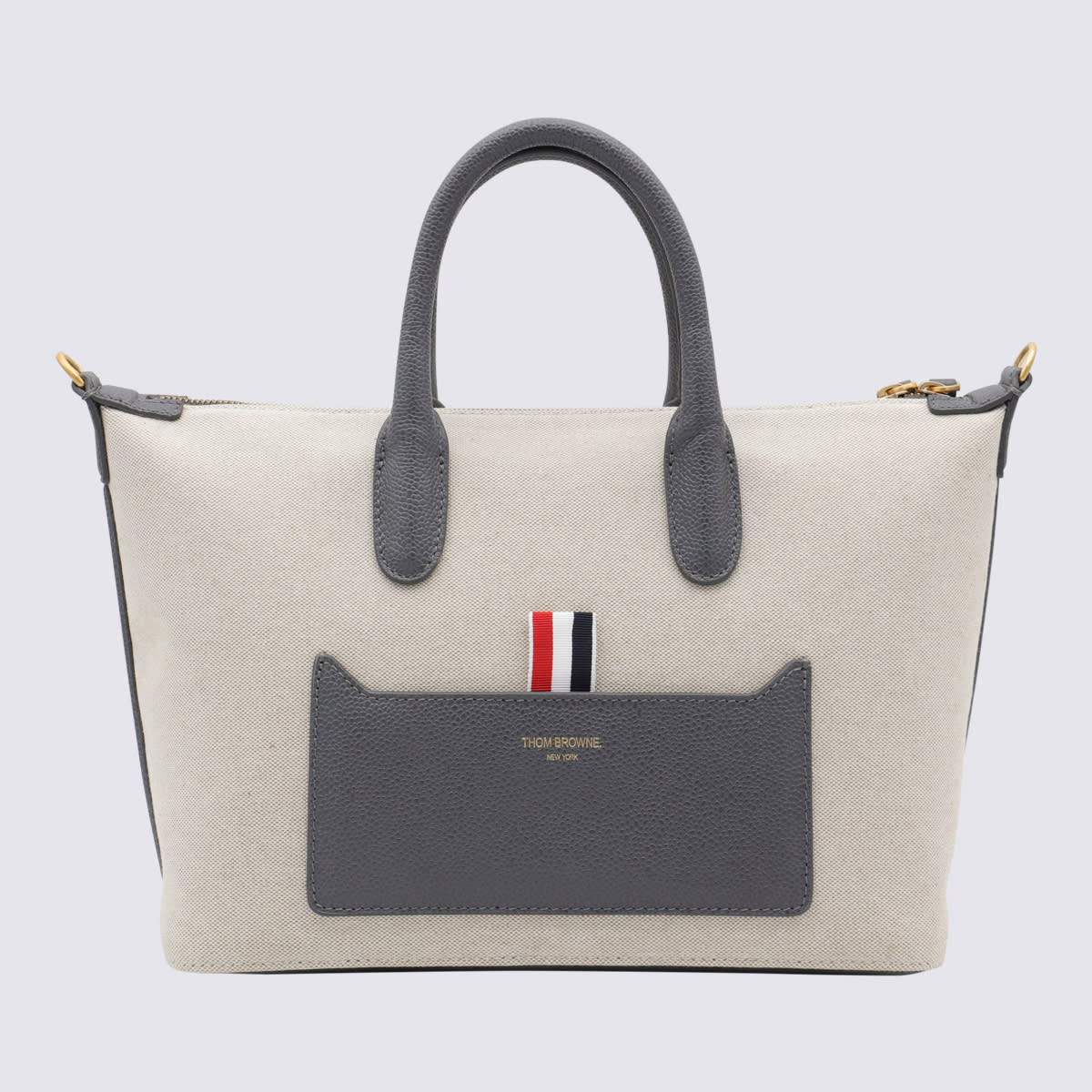 Thom Browne Natural Canvas And Leather Tote Bag In Beige