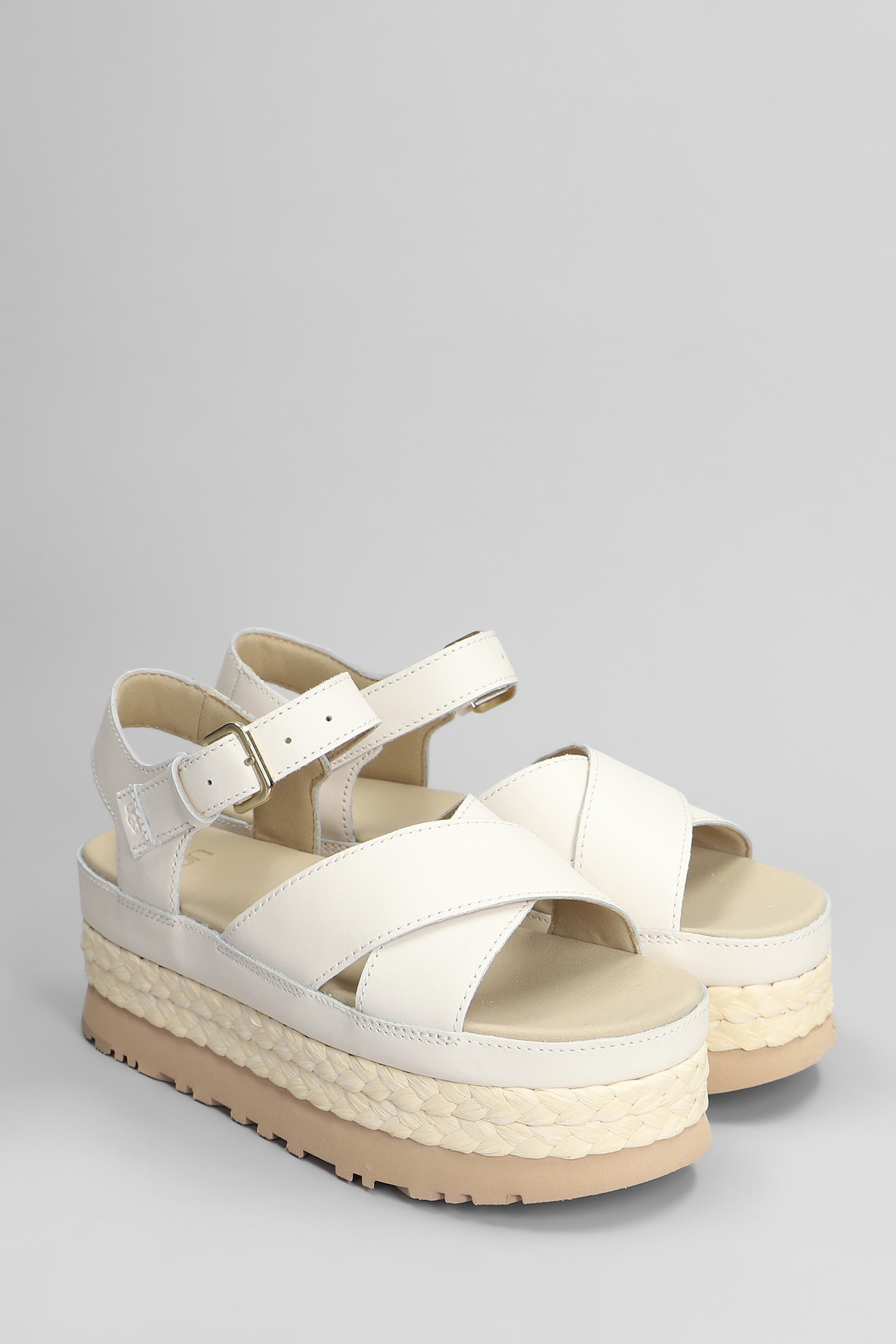 UGG AUBREY ANKLE STRAP WEDGES IN BEIGE LEATHER