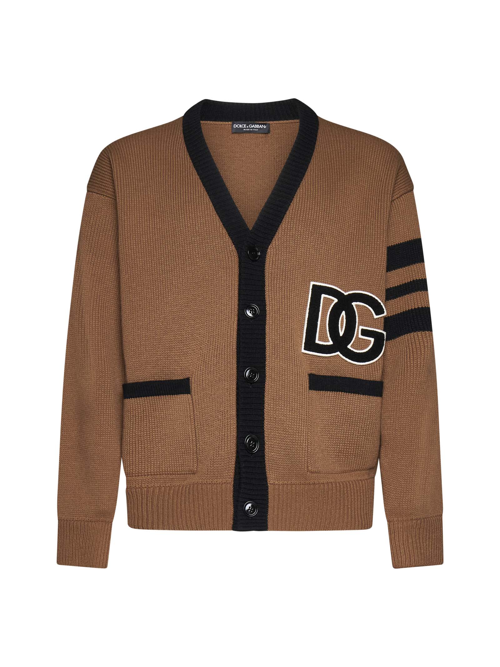 Shop Dolce & Gabbana Wool Cardigan With Logo In Brown