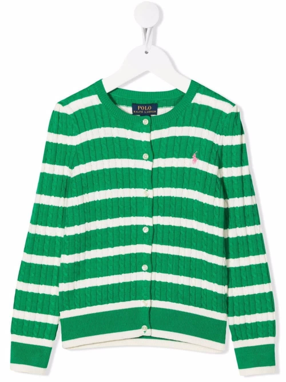 Ralph Lauren Kids Green And White Striped Cardigan With Pink Pony