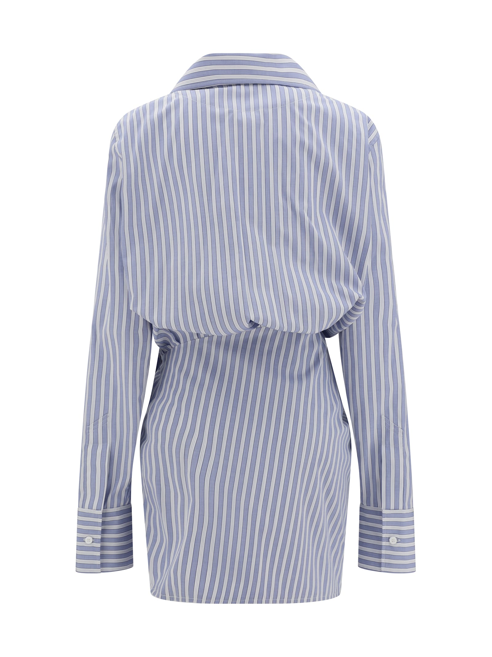 Attico Mini Striped Dress With V-neck, Long Sleeves, White And Navy Blue Cotton, Tied Waist In White/blue
