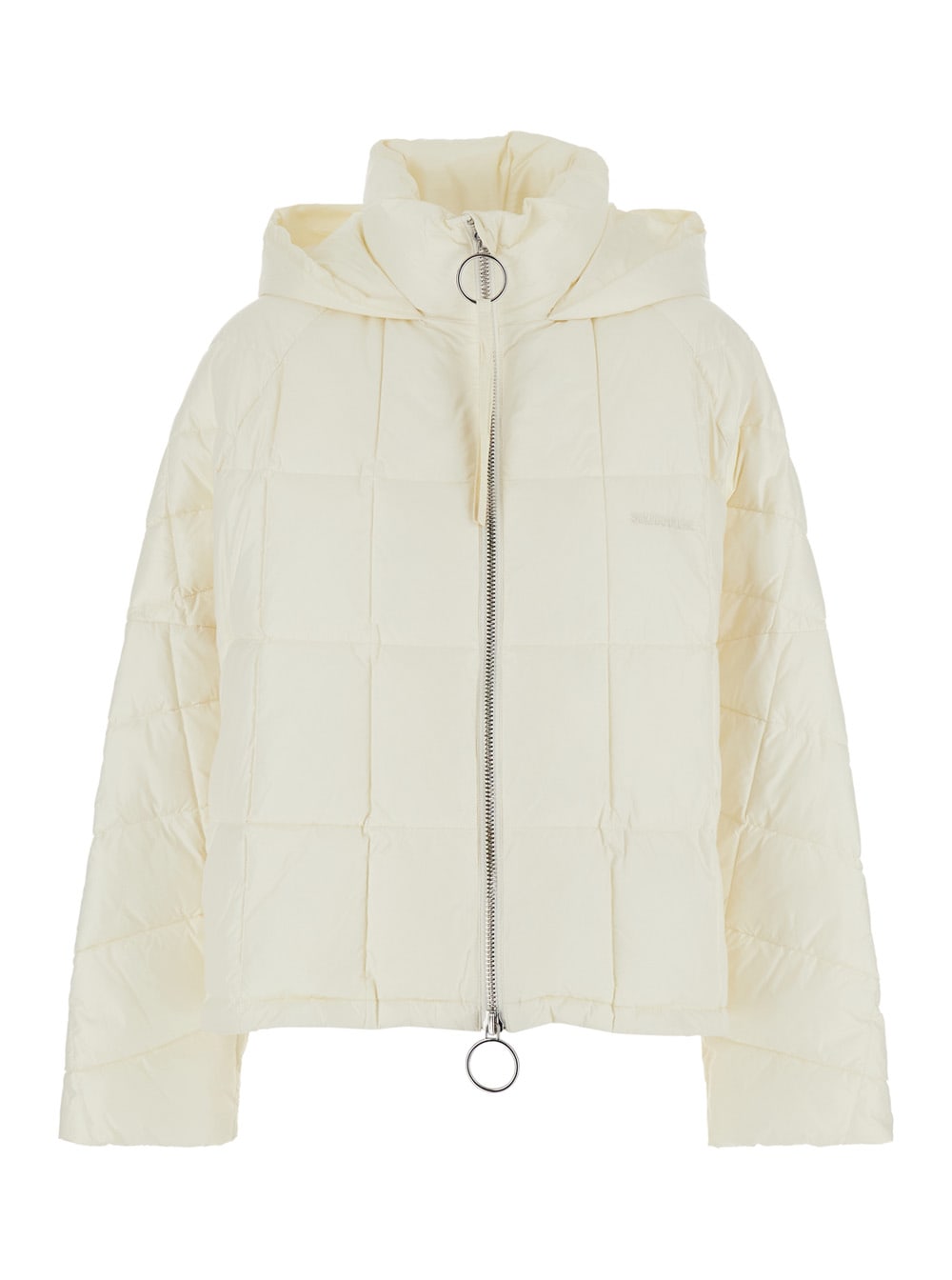 White Down Jacket With Hood And Logo Lettering On The Front In Tech Fabric Woman