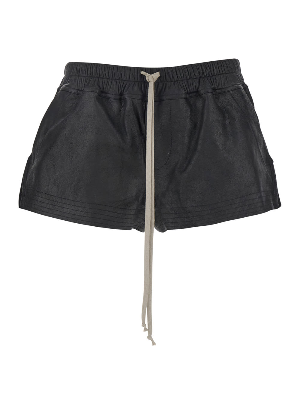 Black Shorts With Drawstring Waist In Grained Leather Woman