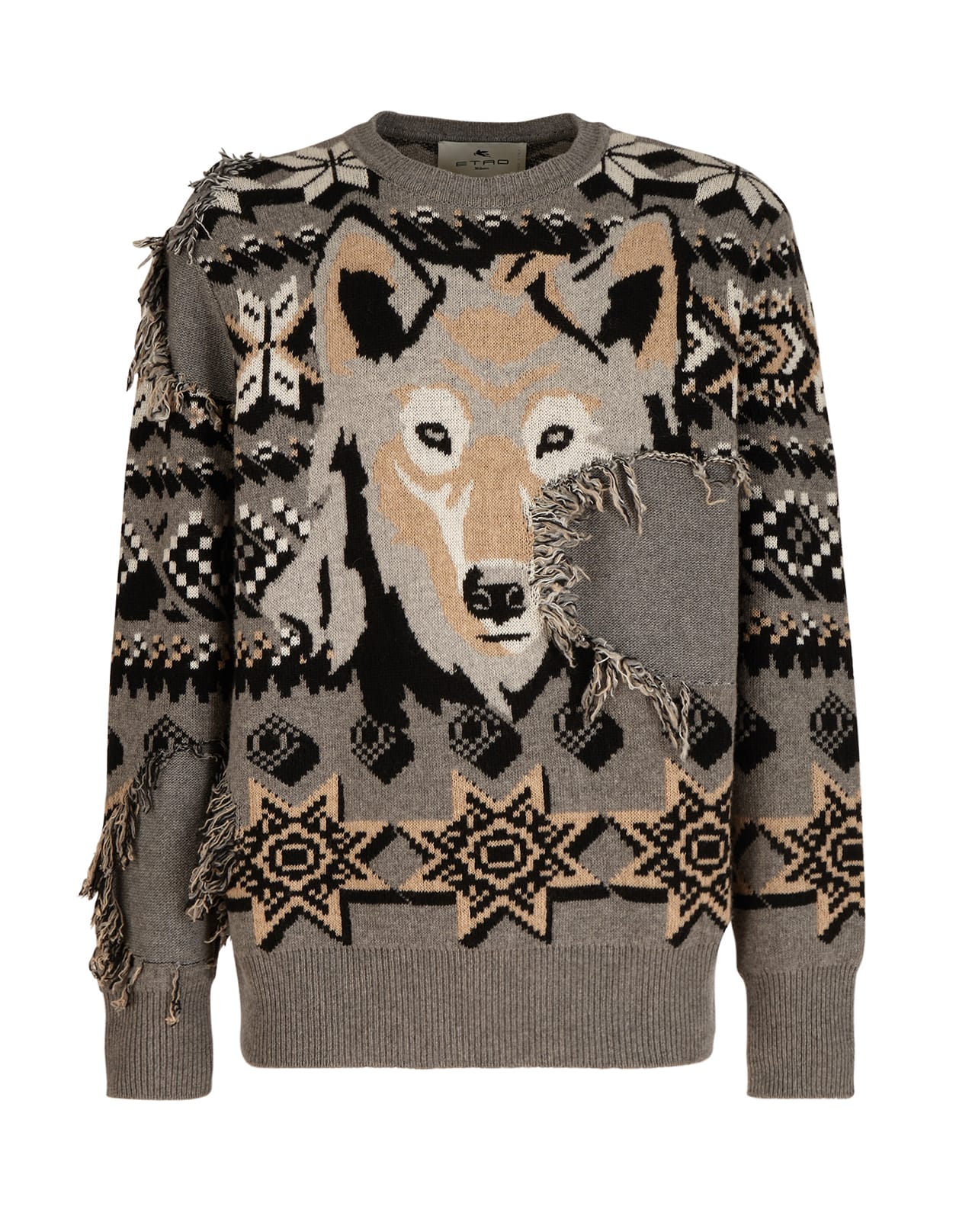 Etro Man Sweater In Grey Jacquard Wool Inlaid With Wolf