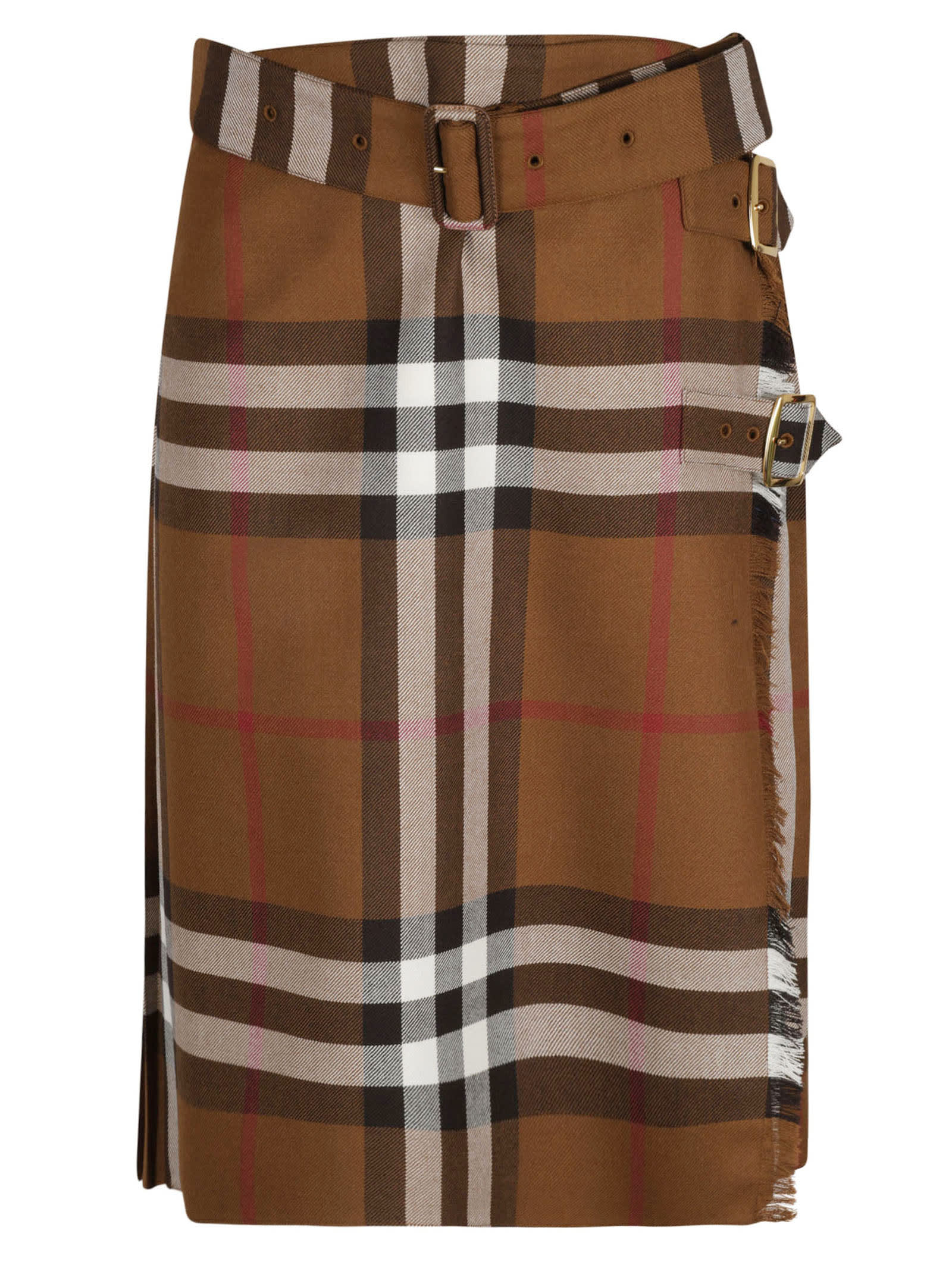 Burberry Belted Waist Pleated Rear Check Skirt