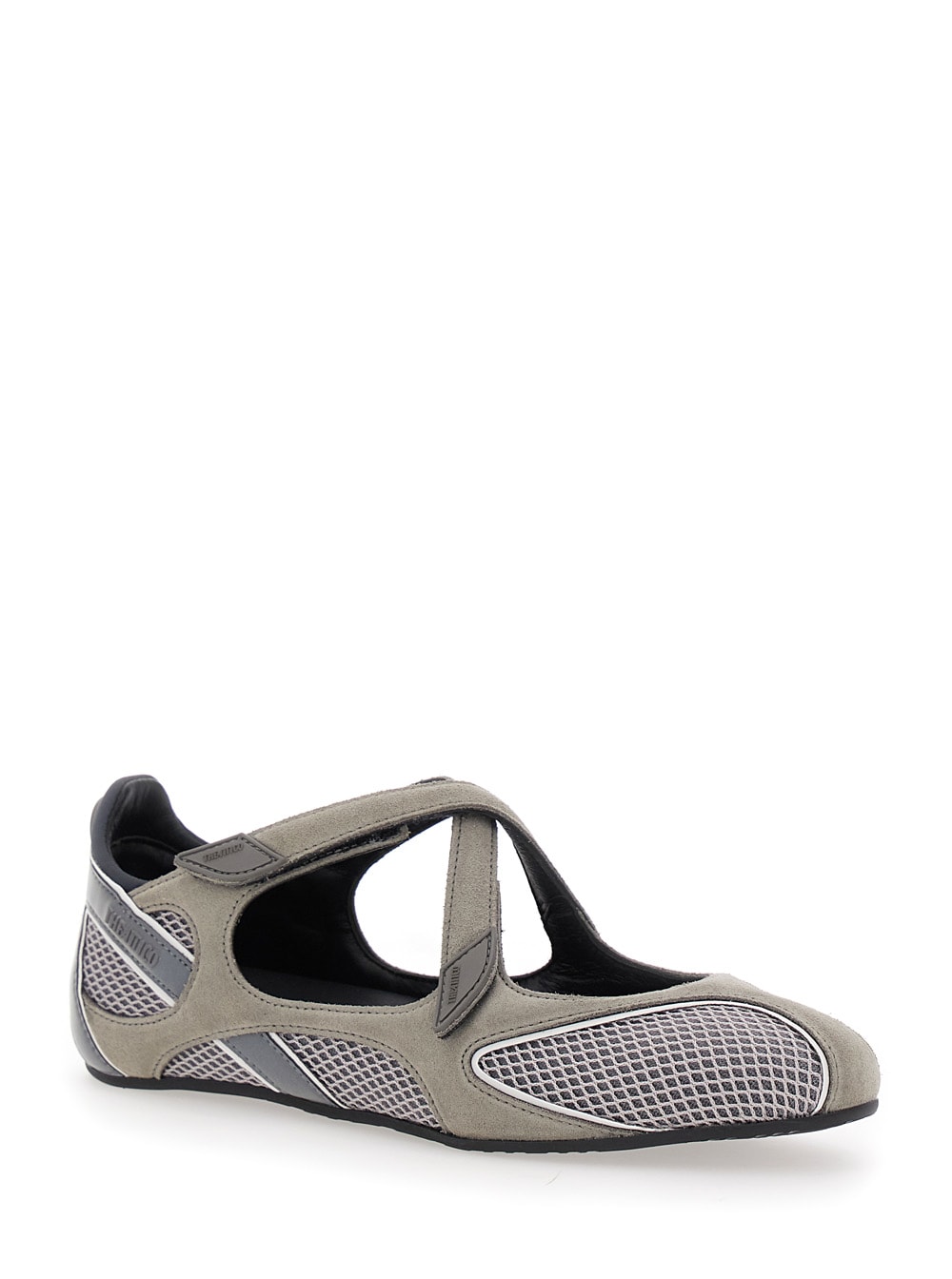 Attico Nomad Grey Ballet Shoes With Criss-crossed Straps And Mesh Panels In Tech Fabric And Suede Woman