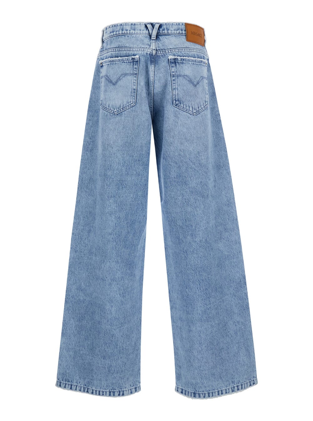 Shop Versace Light Blue Five Pocket Jeans With Logo Patch In Denim Woman