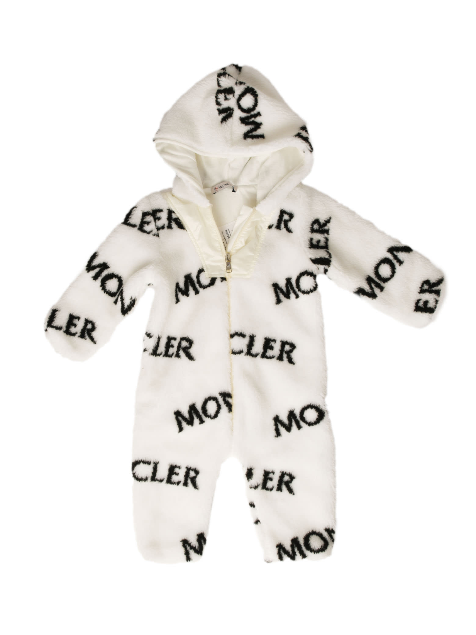 Moncler White Romper In Teddy Bear And Black Writings