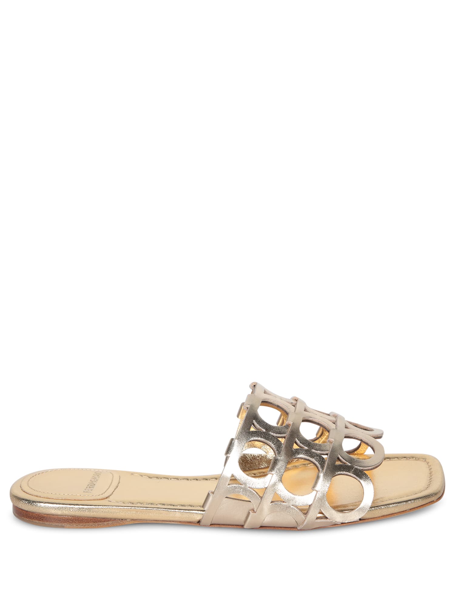Ferragamo Erne Logo Monogram Metallic Leather Sandals