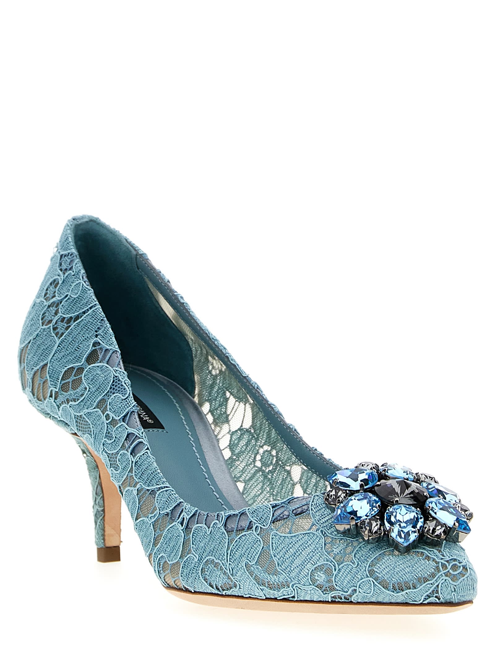 Dolce & Gabbana Blue Taormina Lace Crystal Heel Pumps Shoes In Light Blue