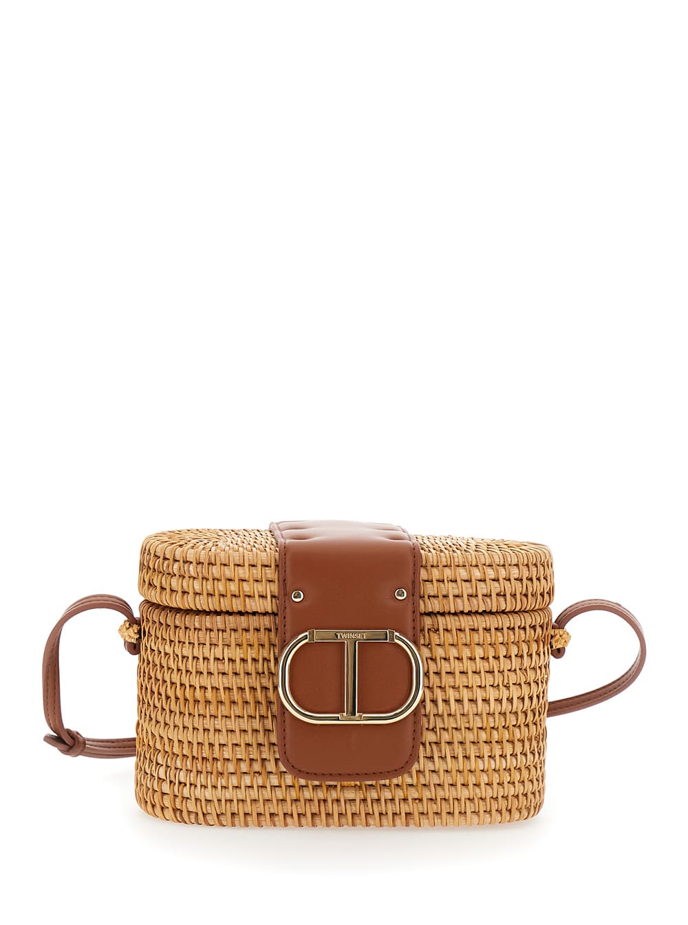 Beige Shoulder Bag With Metallic Logo On The Front In Straw Woman