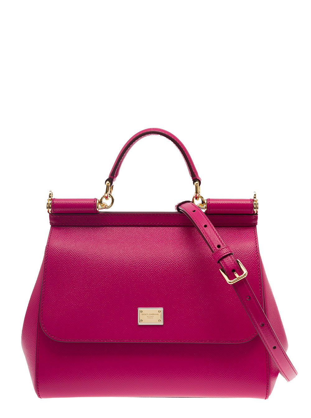 Dolce & Gabbana Small Sicily Fuchsia Handbag With Branded Galvanic Plaque In Dauphine Leather Woman In Pink