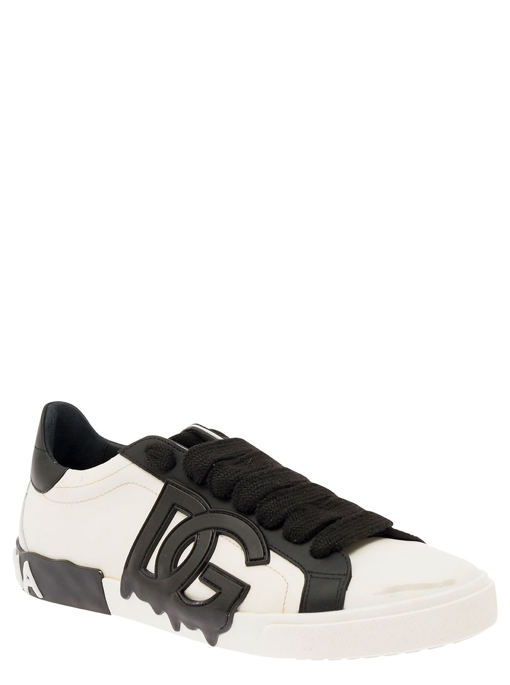 Shop Dolce & Gabbana Vintage Portafino Black Low Top Sneakers With Dg Patch In Leather Man In White