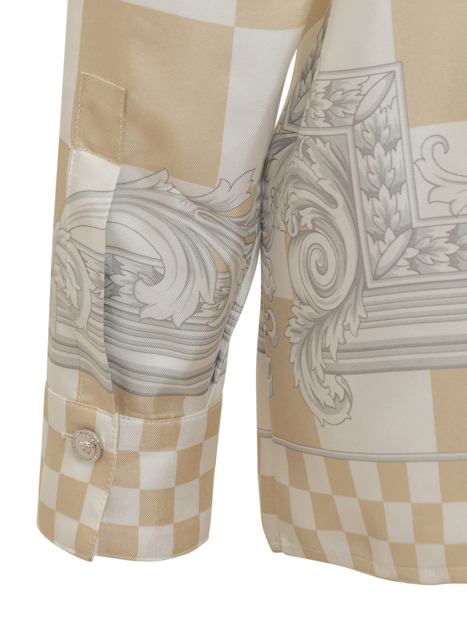 Shop Versace Silk Shirt With Contrast Medusa Print In Light Sand-bianco-silver