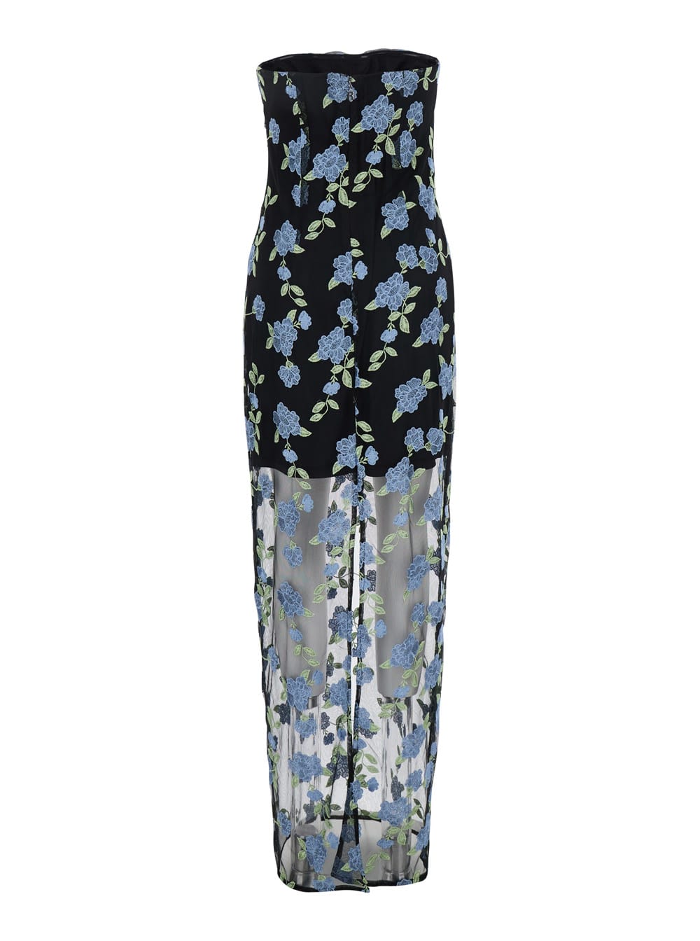 Rotate Birger Christensen Long Dress With All-over Floral Motif And Semi Sheer Lower Part In Tech Fabric In Black Comb