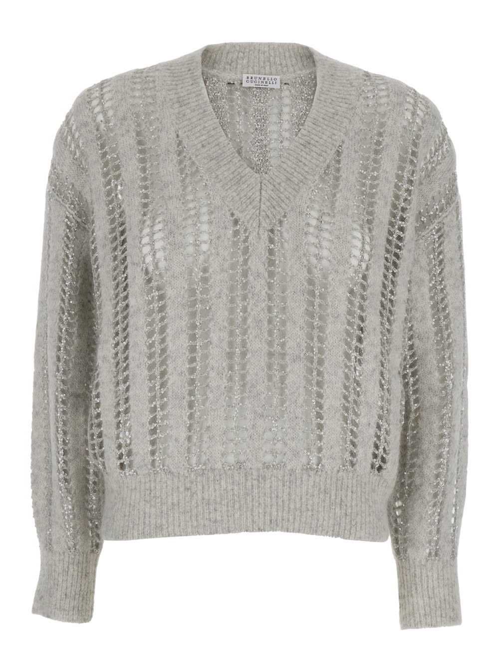 Shop Brunello Cucinelli Grey V Neckl Cardigan With Micro Sequins In Dazzling Striped Net Woman