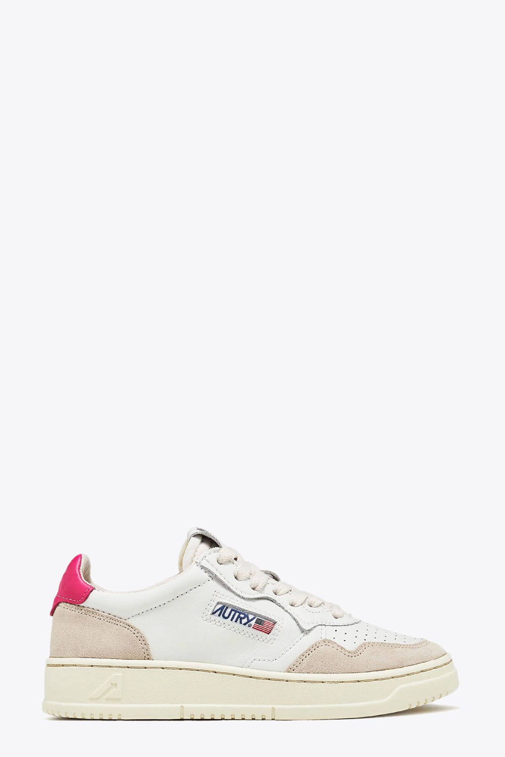Autry 01 Low Wom Leat Suede Wht/bubble White leather and suede low sneaker with pink tab - Medalist