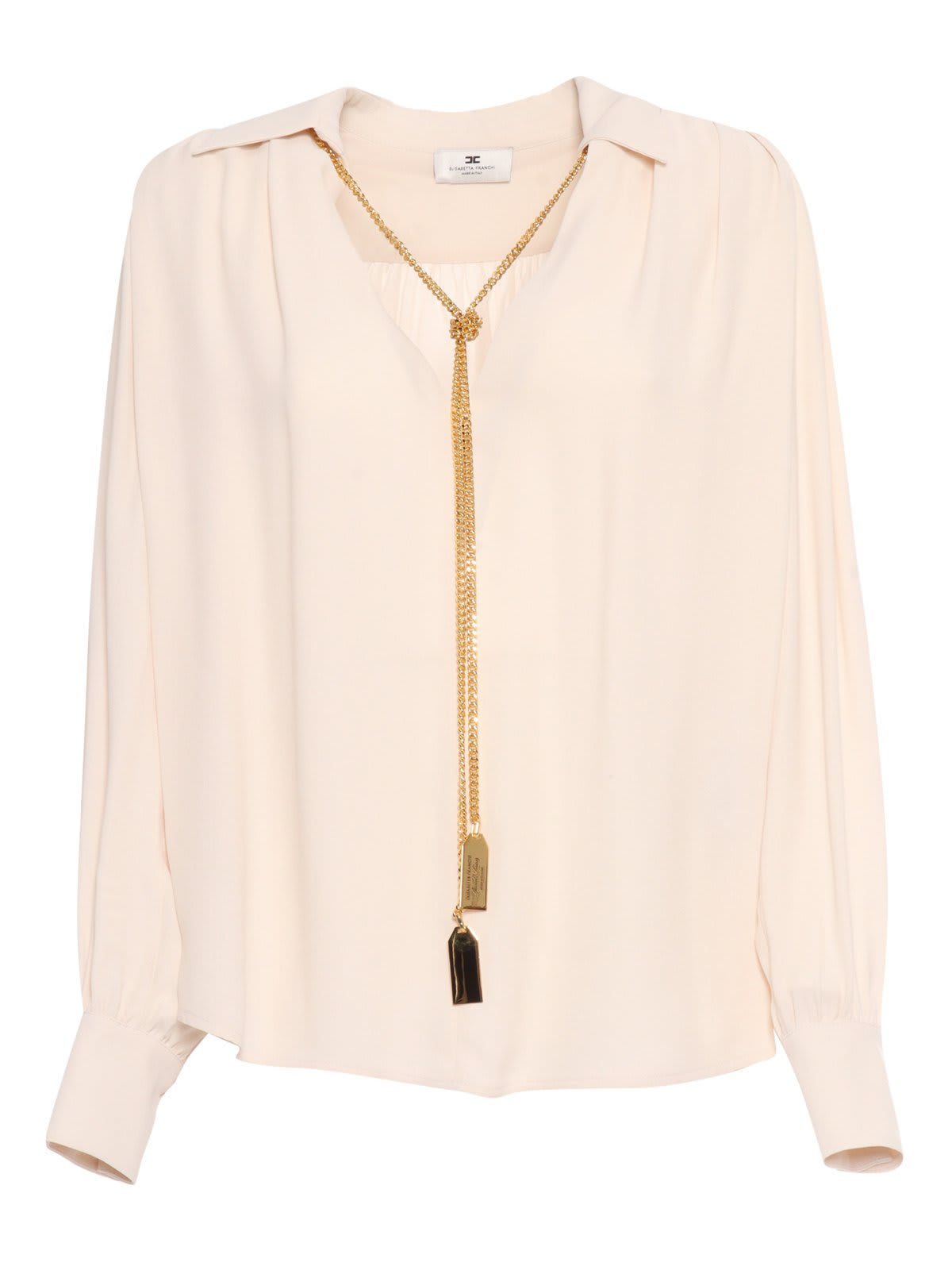 Shop Elisabetta Franchi Necklace Embellished Georgette Blouse In White