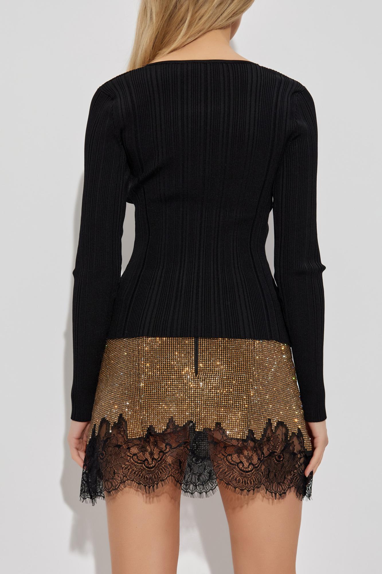 Self-portrait Ribbed Top With Shiny Buttons In Black