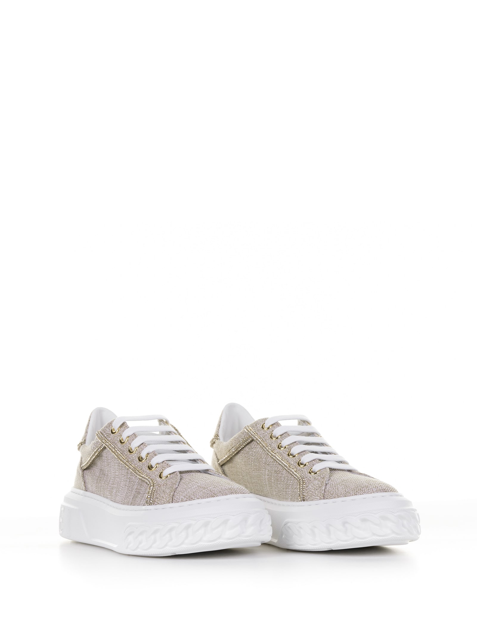 Shop Casadei Canvas Sneakers With Rhinestone Profiles In Gold Honey