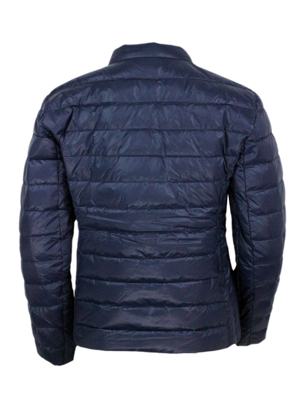 Shop Armani Collezioni Lightweight 100 Gram Slim Down Jacket With Integrated Concealed Hood And Zip Closure In Blu