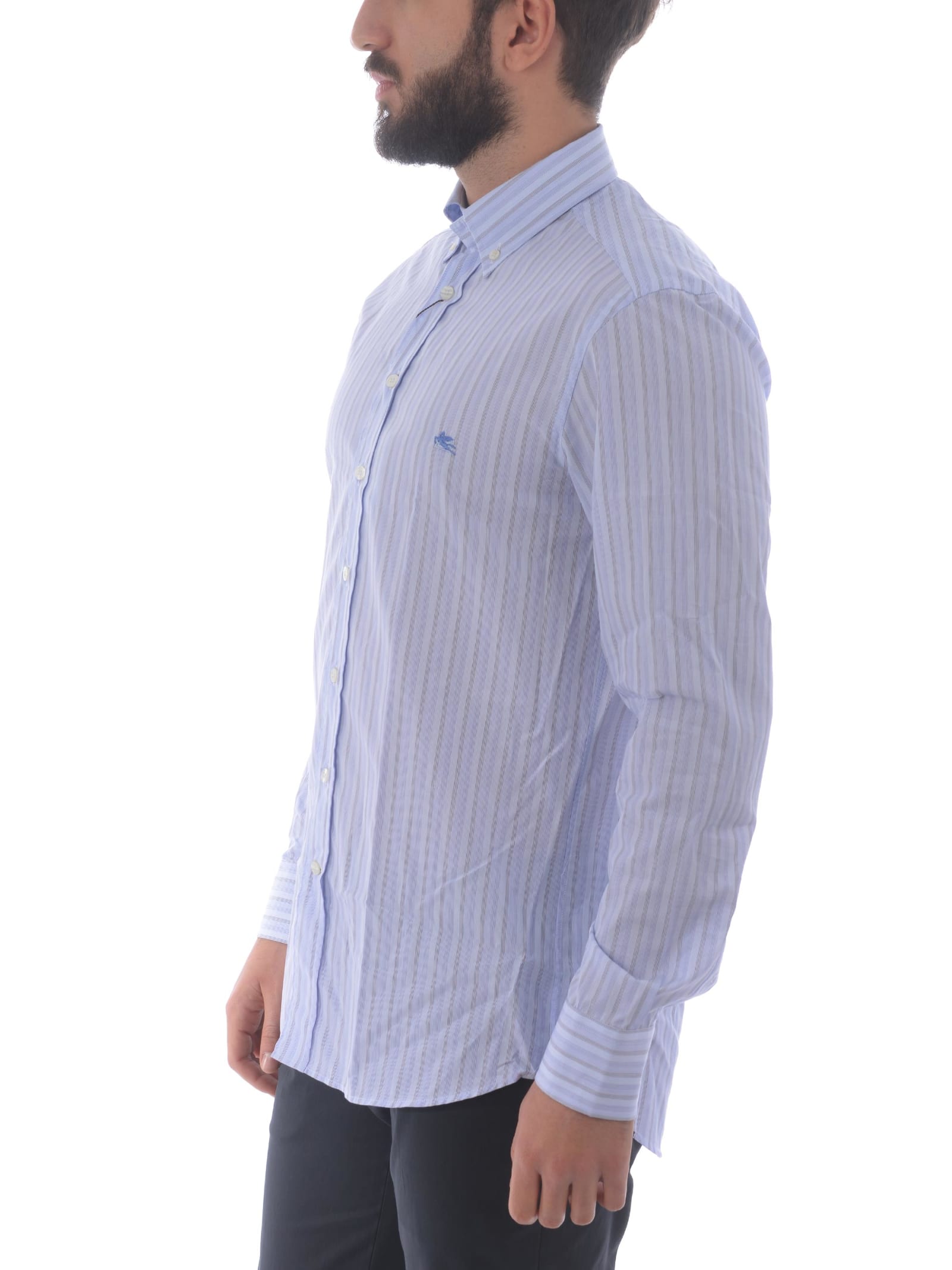 Shop Etro Shirt Regular Button Down In Striped Cotton In Bianco/blu